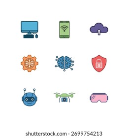 This image displays a comprehensive set of nine modern digital technology icons rendered in a bright, colorful flat design style, arranged in a three-by-three grid on a clean white background.