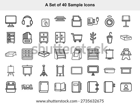 This image displays a comprehensive set of forty black-and-white line icons. These icons depict a diverse range of items including electronics, furniture, office supplies, and everyday objects in a clear, minimalist style. high-quality