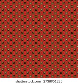 This image displays a dense, repeating geometric pattern on a vibrant red background. The pattern consists of a tight grid of ornamental motifs, each featuring a black square containing a tiny, four-pointed yellow star. The precise repetition and rich colors suggest a traditional wallpaper, fabric, or carpet design.