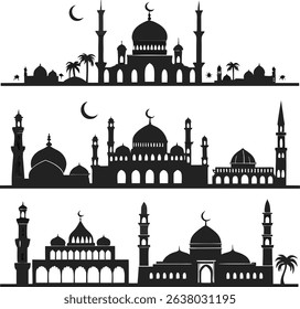 This image displays different black silhouette designs of mosques with minarets and palm trees, each featuring a crescent moon.
