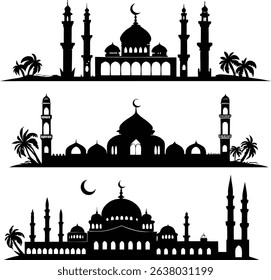 This image displays different black silhouette designs of mosques with minarets and palm trees, each featuring a crescent moon.