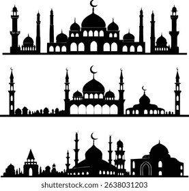 This image displays different black silhouette designs of mosques with minarets and palm trees, each featuring a crescent moon.