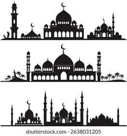 This image displays different black silhouette designs of mosques with minarets and palm trees, each featuring a crescent moon.