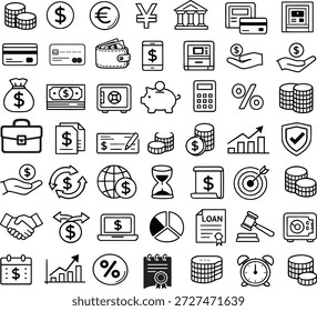 Esta Imagen muestra una cuadrícula diversa de iconos de contorno en blanco y negro que representan varios conceptos relacionados con las finanzas, la banca, los negocios y la economía. La colección incluye símbolos de divisas (dólar, euro, yen), tarjetas de crédito, billeteras, servicios bancarios móviles, cajeros automáticos, bolsas de dinero, billetes, cajas fuertes, huchas, calculadoras, porcentajes, monedas apiladas, maletines, cheques, gráficos de crecimiento financiero, escudos de seguridad, manos que sostienen dinero, cambio de divisas, finanzas globales, relojes de arena, documentos de pago, objetivos, apretón de manos, computadora portátil con divisas, gráfico circular, documentos de préstamos, mazo, calendario, gráficos de acciones, despertador y más. Estos íconos minimalistas son adecuados para Diseños web, App, presentaciones o cualquier proyecto que requiera representación visual de temas financieros y de negocios.