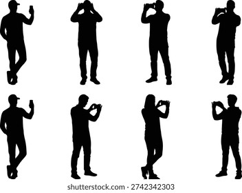 This image displays eight black silhouette figures against a plain background, each in a unique pose that involves interacting with a mobile phone. The poses include taking selfies, texting, holding the phone in front of the face, and using it with one hand. The figures are evenly spaced in two rows of four, showcasing a variety of casual and dynamic phone usage scenarios.