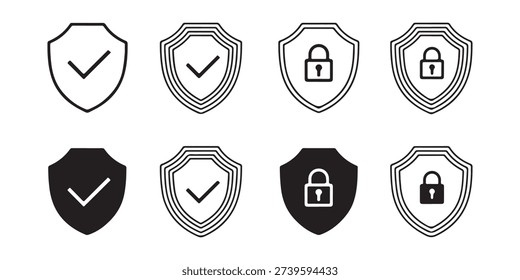 This image displays eight security-themed icons arranged in a 2x4 grid. Each icon depicts a shield containing either a checkmark for verification or a padlock for security. The designs vary in style, featuring both simple outlines and solid black fills, along with options for single or multi-line shield borders.