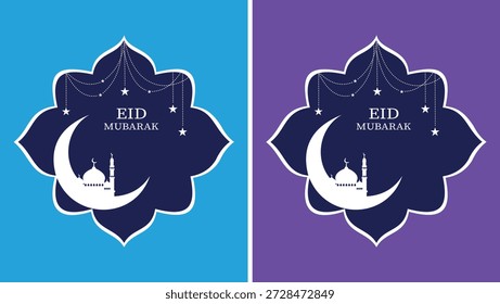 Esta Imagen muestra un diseño de Vector elegante y minimalista para una tarjeta de felicitación Eid Mubarak. La ilustración presenta una silueta blanca de una luna creciente y una mezquita sobre un fondo azul oscuro, enmarcada dentro de un patrón geométrico islámico decorativo. El texto "EID MUBARAK" está centrado sobre la luna. La escena está adornada con estrellas decorativas colgantes y líneas de puntos, añadiendo a la atmósfera festiva. La Imagen presenta dos opciones de color lado a lado, una con un fondo azul claro y la otra con un fondo púrpura vibrante, adecuado para diversas aplicaciones digitales e impresas que celebran el final del Ramadán u otras festividades islámicas.