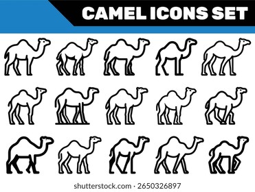 This image displays fifteen distinctive camel icons outlined in black, each portraying the animal in various stances, showca