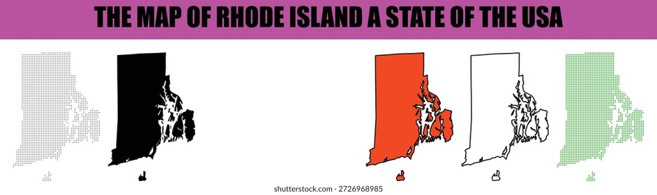 This image displays five distinct graphical representations of the US state of Rhode Island map including dotted patterns solid fills and outlined versions Each map accurately depicts the states unique shape and complex coastline These versatile illustrations are suitable for educational materials geographical studies and various graphic design projects on a white background