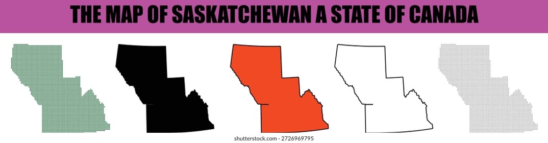 This image displays five distinct graphical representations of the map of Saskatchewan a Canadian province The styles include a dotted green fill a solid black shape a vibrant orange fill a clean black outline and a subtle dotted grey pattern suitable for diverse design and educational purposes