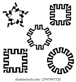 This image displays five distinct geometric symbols in black and white. A star figure with checkered points is positioned alongside four shapes bordered by a continuous meander pattern, often called a Greek key design. The meander pattern forms borders for a circle, a hexagon, and two different squares, creating intricate frames around empty centers.