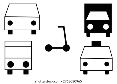 This image displays five minimalist, two-dimensional icons of vehicles against a white background. The collection includes a car, a bus, a truck, a taxi, and a scooter. Some icons are depicted as black line art outlines, while others, like the scooter and truck, are solid black silhouettes with white details.