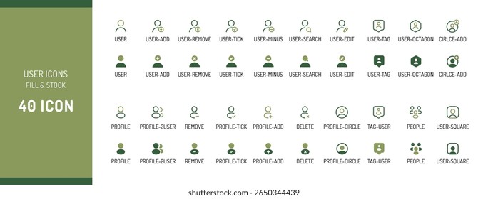 This image displays forty user interface icons in a grid layout.  The icons are simple, minimalist designs featuring a user symbol in various states (add, remove, search, etc.). 