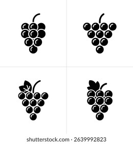 This image displays four black and white grape bunch graphics. Two show grape clusters with leaves, and two show only grapes. Each element is on a white background.