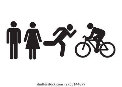 This image displays four black silhouette pictograms arranged horizontally against a white background. From left to right, the figures represent a standing male, a standing female, a running person, and a person riding a bicycle. The simple icons are consistent in style, commonly used for signage or to represent general human activities and categories like sports or restrooms.