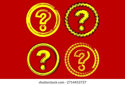 This image displays four bold yellow question mark symbols placed inside textured circular badges on a red background. The grunge style icons represent inquiry, mystery, FAQ, support.