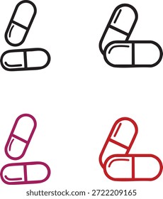 Dieses Bild zeigt vier kapselförmige Pillen, die jeweils in einer anderen Farbe - rot, lila und schwarz - umrissen sind und als saubere Silhouette präsentiert werden. Es ist eine einfache, aber effektive Grafik.