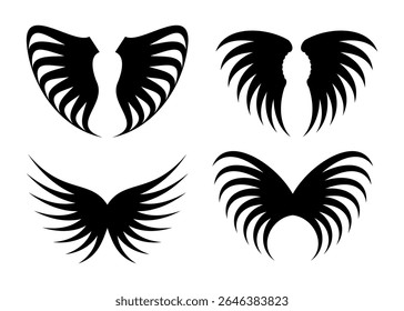 This image displays four distinct black wing designs each featuring a unique feathered pattern. The silhouettes are presented against a clean white background highlighting their graphic