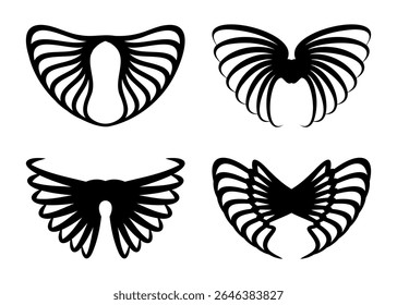 This image displays four distinct abstract black wing designs on a white background. Each design showcases symmetrical layered feather-like elements creating a sense of movement and elegance.