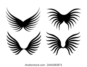 This image displays four distinct black silhouette designs of stylized angel wings. Each pair of wings features a unique arrangement of feathers presented against a clean white background.