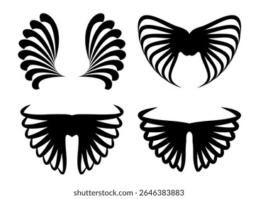 This image displays four distinct black silhouette designs of stylized wings. Two designs are symmetrical pairs of feathered wings while the other two are single larger wing shapes.
