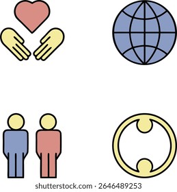 This image displays four distinct icons arranged in a grid on a white background. The top left icon features two yellow hands cupped together supporting a pink heart.  