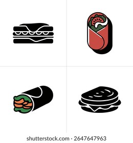 Esta imagem mostra quatro ícones alimentares distintos dois sanduíches (um horizontal e um redondo) e dois burritos. Os burritos exibem detalhes de enchimento como alface e tomate.