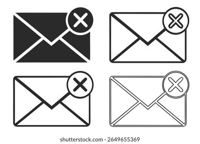 This image displays four distinct icons representing email envelopes. The top left icon is a solid black envelope with a black circle containing a white cross symbol. The other three icons are outline