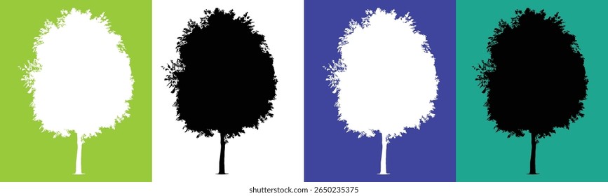 This image displays four distinct vertical panels, each featuring a silhouette of a tree.