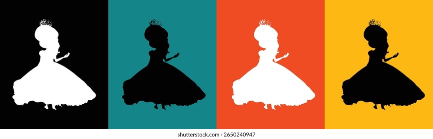 This image displays four distinct panels, each featuring a silhouette of a princess. 