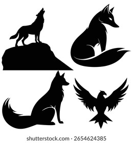 This image displays four distinct black silhouettes of animals against a white background. It includes a wolf howling on a rock, a sitting fox, a profile view of a fox's head, and a soaring eagle.