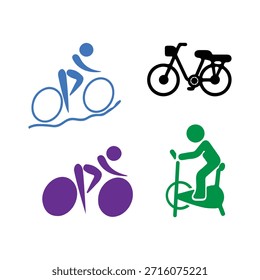 Esta Imagen muestra cuatro íconos distintos relacionados con el ciclismo y el ejercicio en interiores. En la parte superior izquierda aparece un estilizado ciclista azul en movimiento, aparentemente montado sobre el agua o las olas, transmitiendo una sensación de movimiento fluido y tal vez ciclismo acuático. A su derecha, una silueta clásica negra de una bicicleta con una canasta y un asiento sugiere el ciclismo tradicional. La parte inferior izquierda muestra otro icono púrpura abstracto de un ciclista, enfatizando el aspecto dinámico de la conducción. Por último, la parte inferior derecha presenta un icono verde vibrante de una persona que participa activamente en una bicicleta estática estática, destacando la actividad física en interiores y los entrenamientos cardiovasculares.