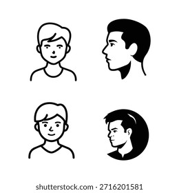 Esta Imagen muestra cuatro íconos distintos de rostros masculinos, presentados en estilos de líneas y siluetas. La fila superior presenta una vista frontal de una cara masculina estilizada con cabello corto, seguida de una vista de perfil de la cabeza de un hombre con cabello oscuro cuidadosamente peinado. La fila inferior incluye otra vista frontal de un ícono masculino similar, y una vista de perfil de la cabeza de un hombre encerrada dentro de un fondo circular oscuro, resaltando sus rasgos faciales y su cabello.