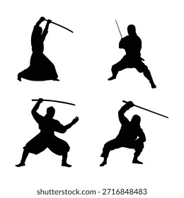 Esta Imagen muestra cuatro siluetas negras distintas de guerreros, cada uno capturado en una postura de combate dinámica, empuñando espadas. Las figuras se presentan sobre un fondo blanco liso, enfatizando sus formas y la intensidad de sus poses. La silueta superior izquierda muestra a un guerrero con una prenda ancha y fluida, levantando una espada por encima. La parte superior derecha representa a un guerrero en una posición más agachada, sosteniendo una espada a la defensiva. La parte inferior izquierda muestra un guerrero con las piernas extendidas, espada levantada para un ataque. En la parte inferior derecha aparece un guerrero en cuclillas profundas, con una espada preparada. La composición general transmite un sentido de acción, artes marciales y posicionamiento estratégico.