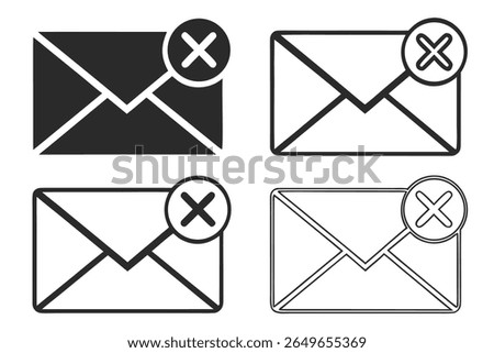 This image displays four distinct icons representing email envelopes. The top left icon is a solid black envelope with a black circle containing a white cross symbol. The other three icons are outline