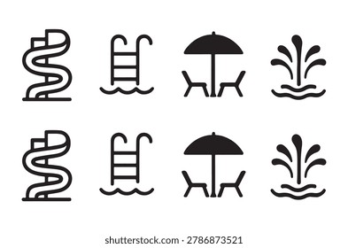 This image displays four flat, black line icons: a coiled spring, a beach chair, a parasol, and a palm tree,