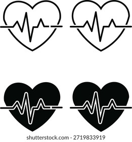 Esta imagem mostra quatro ícones cardíacos: dois contornos com linhas de batimento cardíaco e dois corações negros sólidos. Representa visualmente conceitos médicos relacionados com a saúde cardíaca e sinais vitais.