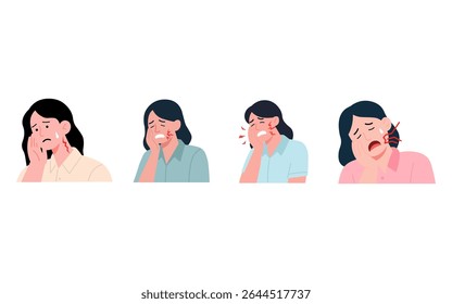 This image displays four illustrations of women experiencing different stages of facial pain, likely toothache or similar oral discomfort.