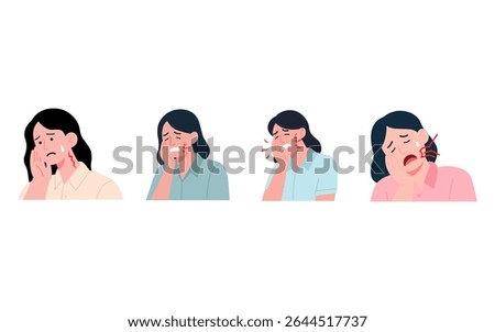 This image displays four illustrations of women experiencing different stages of facial pain, likely toothache or similar oral discomfort.