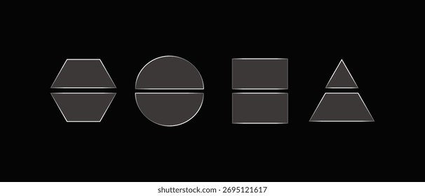 Esta imagem exibe quatro pares de formas geométricas organizadas verticalmente em um plano de fundo preto. Cada par consiste em uma forma e seu reflexo espelhado abaixo. As formas, da esquerda para a direita, 