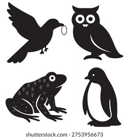 This image displays four stylized black-and-white animal icons arranged in a 2x2 grid. The figures include a flying bird carrying a ring in its beak, a forward-facing owl, a spotted frog, and an upright penguin. The minimalist designs are rendered as silhouettes against a white background.