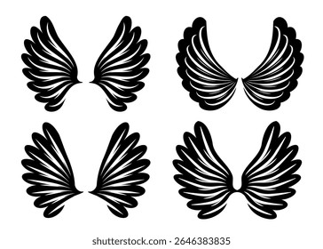 This image displays four unique black wing illustrations each with a stylized feather design. The wings are presented in a grid format offering a variety of graphic elements.