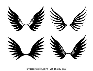 This image displays four unique black silhouette wing designs against a white background. Each set of wings has a distinct feathered appearance and shape suitable for various design projects.