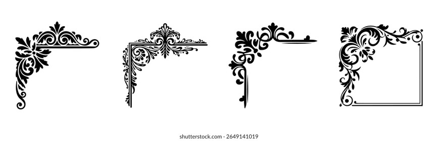 This image displays four unique black ornate corner designs, each with floral and swirling elements, set against a clean white background.