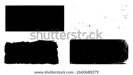 This image displays four varied black grunge shapes against a bright white background, each with unique textures and imperfect outlines, creating a rough and artistic effect