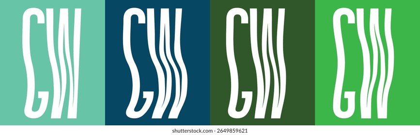 Esta imagem exibe quatro painéis verticais, cada um com as letras brancas "GW" com uma distorção ondulada.