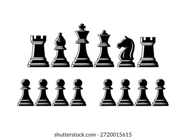 Dieses Bild zeigt eine ganze Reihe schwarzer Schachfiguren für eine Seite des Spiels. Die Stücke sind in zwei Reihen auf einfarbigem weißem Hintergrund angeordnet. In der hinteren Reihe befinden sich die Hauptteile: zwei Könige, zwei Bischöfe, ein König, eine Königin und zwei Ritter. Die erste Reihe enthält acht Bauern. Die Illustration ist einfarbig schwarz, wodurch ein kontrastreiches Bild entsteht, das die einzigartige Form jedes einzelnen Stücks betont. Diese Sammlung stellt alle Teile dar, die für den Start eines Spiels benötigt werden, und hebt die Elemente der Strategie und der intellektuellen Herausforderung hervor, die mit Schach verbunden sind.
