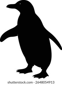 Esta imagem mostra uma silhueta de corpo inteiro de um pinguim em pé sobre um fundo branco, com suas asas ligeiramente estendidas para longe de seu corpo.
