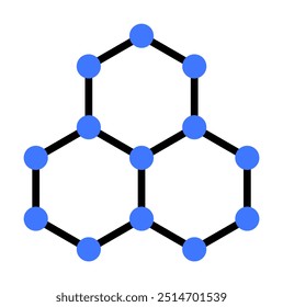 Esta Imagen muestra una estructura molecular geométrica con patrones hexagonales conectados por líneas negras y nodos azules en cada vértice. Es una representación simple a menudo utilizada en química y material sc