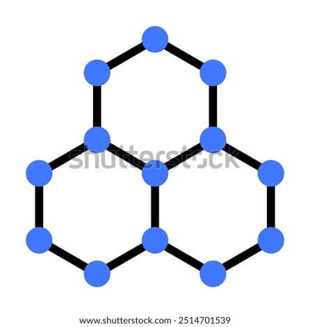 This image displays a geometric molecular structure featuring hexagonal patterns connected by black lines and blue nodes at each vertex. It's a simple depiction often used in chemistry and material sc
